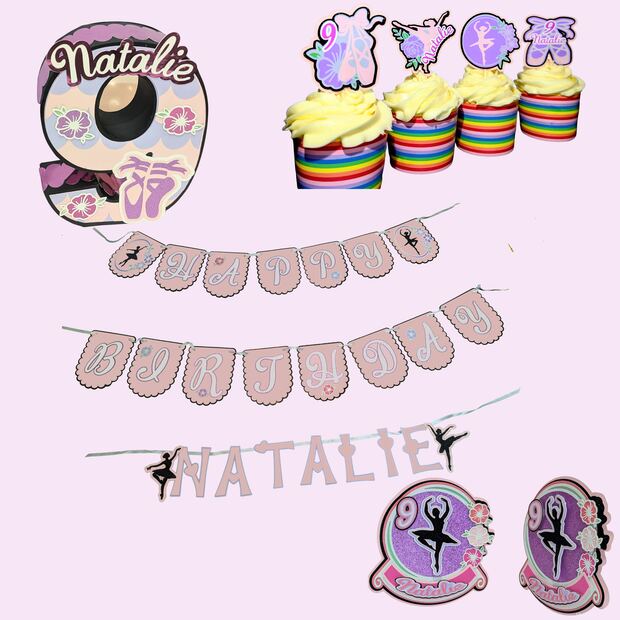 Ballet theme set: banner, cupcake toppers, cake topper and 3D number centerpiece