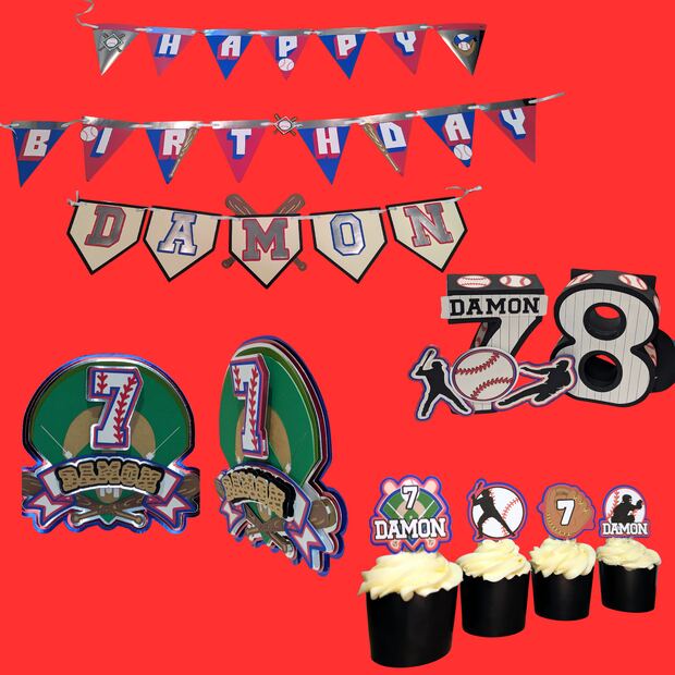 Baseball theme set: banner, cupcake toppers, cake topper and 3D number centerpiece