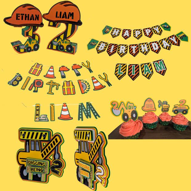 Construction theme set: banner, cupcake toppers, cake topper and 3D number centerpiece