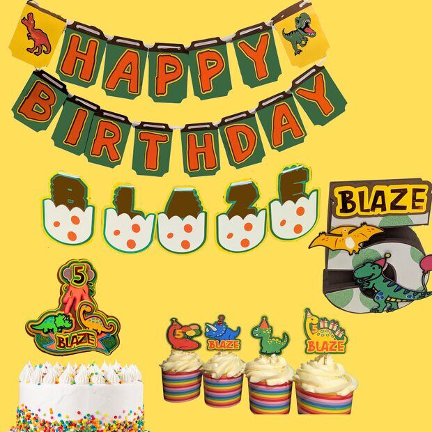 Dinosaur theme set: banner, cupcake toppers, cake topper and 3D number centerpiece