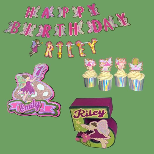 Fairy theme set: banner, cupcake toppers, cake topper and 3D number centerpiece