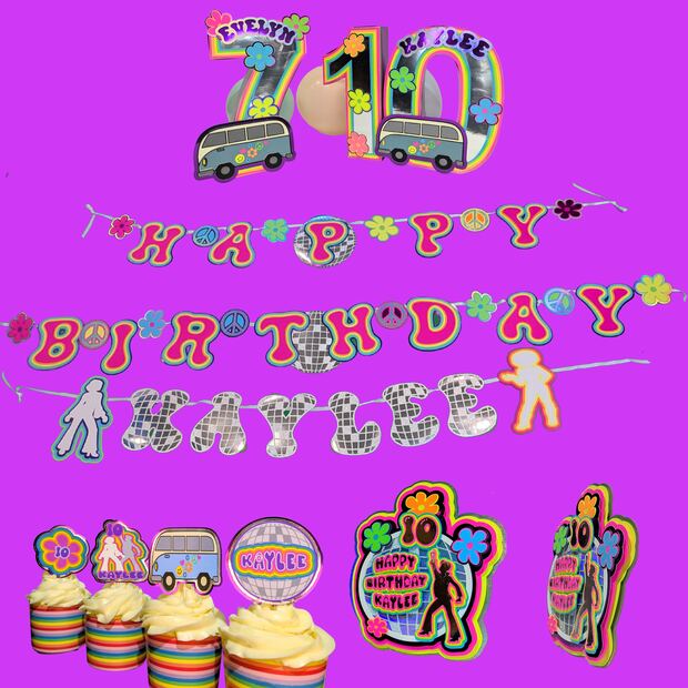 Hippie theme set: banner, cupcake toppers, cake topper and 3D number centerpiece