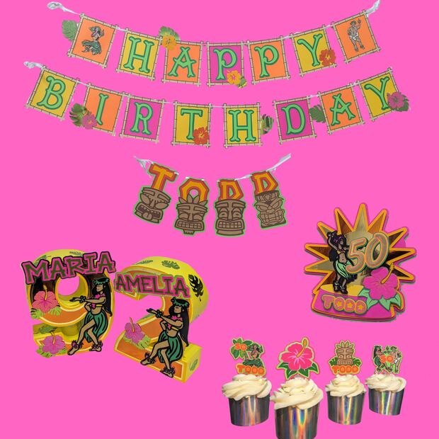 Luau theme set: banner, cupcake toppers, cake topper and 3D number centerpiece