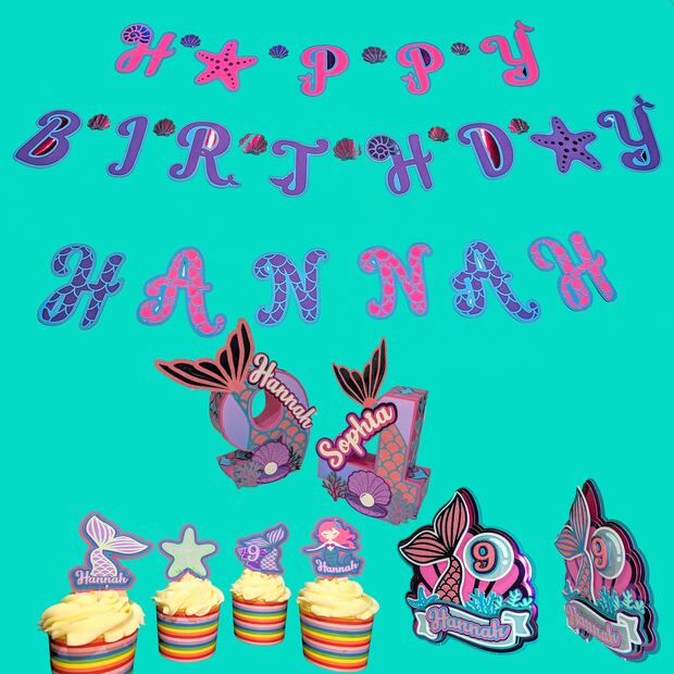 Mermaid theme set: banner, cupcake toppers, cake topper and 3D number centerpiece