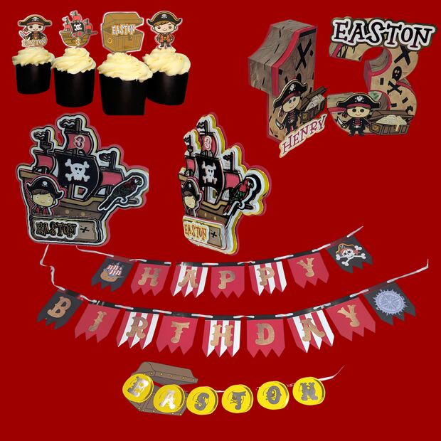 Pirate theme set: banner, cupcake toppers, cake topper and 3D number centerpiece