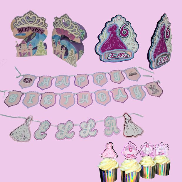 Princess theme set: banner, cupcake toppers, cake topper and 3D number centerpiece