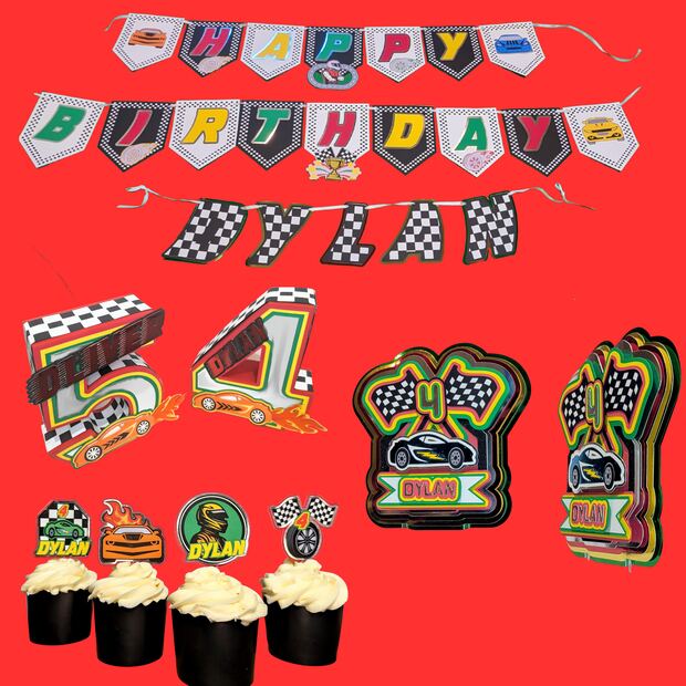Racecar theme set: banner, cupcake toppers, cake topper and 3D number centerpiece