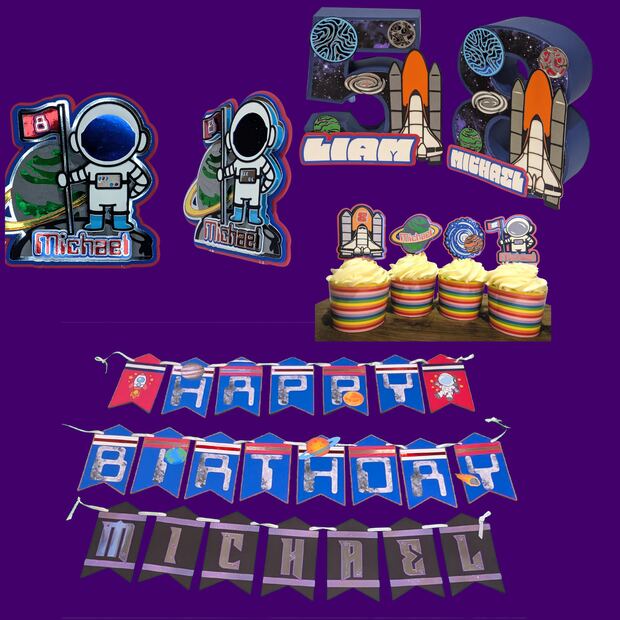 Space theme set: banner, cupcake toppers, cake topper and 3D number centerpiece