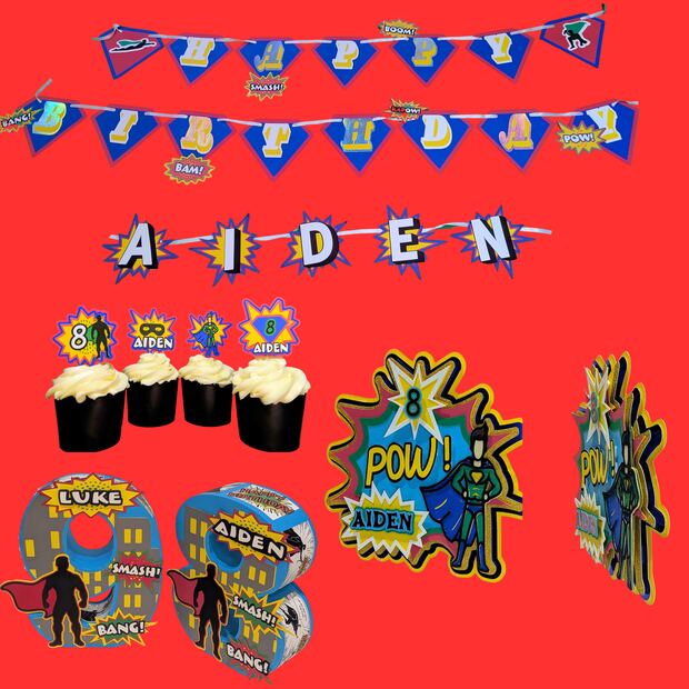 Superhero theme set: banner, cupcake toppers, cake topper and 3D number centerpiece
