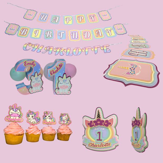 Unicorn theme set: banner, cupcake toppers, cake topper and 3D number centerpiece