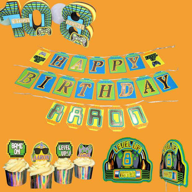 Video Gamer theme set: banner, cupcake toppers, cake topper and 3D number centerpiece